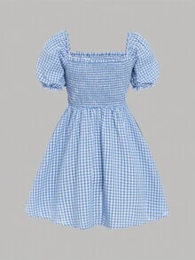 SHEIN 青少年女孩格子圖案泡泡袖洋裝 - 藍白色 - 查看 2