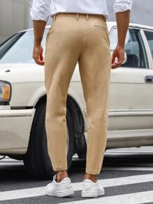 Manfinity Mode Men Solid Slant Pocket Cropped Suit Trousers - Khaki - View 2