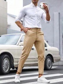 Manfinity Mode Men Solid Slant Pocket Cropped Suit Trousers - Khaki - View 3