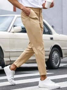 Manfinity Mode Men Solid Slant Pocket Cropped Suit Trousers - Khaki - View 4