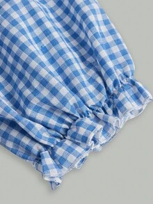 SHEIN 青少年女孩格子圖案泡泡袖洋裝 - 藍白色 - 查看 4
