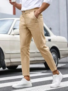 Manfinity Mode Men Solid Slant Pocket Cropped Suit Trousers - Khaki - View 5