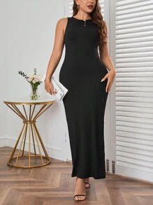 SHEIN Privé 大碼素色超長背心連衣裙 - 黑色 - 查看 1