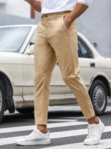 Manfinity Mode Men Solid Slant Pocket Cropped Suit Trousers - Khaki - View 6