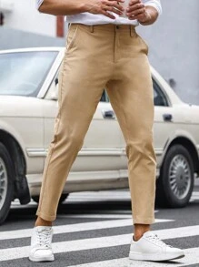 Manfinity Mode Men Solid Slant Pocket Cropped Suit Trousers - Khaki - View 7