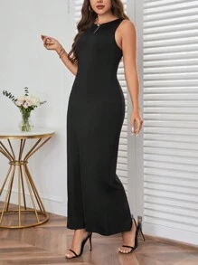 SHEIN Privé 大碼素色超長背心連衣裙 - 黑色 - 查看 4