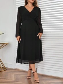 SHEIN Privé Plus V Neck Wrap Detail Dress - Black - View 1