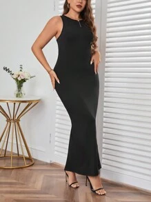 SHEIN Privé 大碼素色超長背心連衣裙 - 黑色 - 查看 5