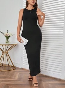 SHEIN Privé 大碼素色超長背心連衣裙 - 黑色 - 查看 6