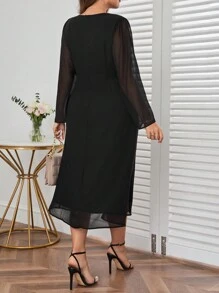 SHEIN Privé Plus V Neck Wrap Detail Dress - Black - View 2