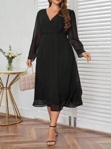 SHEIN Privé Plus V Neck Wrap Detail Dress - Black - View 3