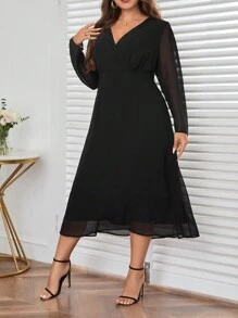 SHEIN Privé Plus V Neck Wrap Detail Dress - Black - View 5