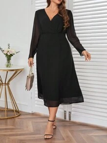 SHEIN Privé Plus V Neck Wrap Detail Dress - Black - View 6