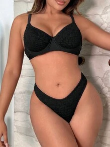 SHEIN 素色打褶帶鋼圈比基尼泳裝 - 黑色 - 查看 1