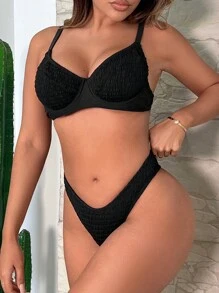 SHEIN 素色打褶帶鋼圈比基尼泳裝 - 黑色 - 查看 3