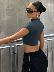 SHEIN ICON Summer Letter Patched Detail Mock Neck Crop Tee