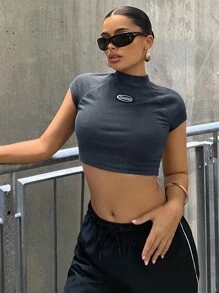 SHEIN ICON Summer Letter Patched Detail Mock Neck Crop Tee