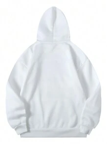 SHEIN EZwear 加大码字母图案袋鼠口袋抽绳保暖卫衣 - 白色 - 查看 2