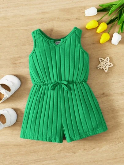 SHEIN Baby Girl Bow Front Ribbed Knit Romper