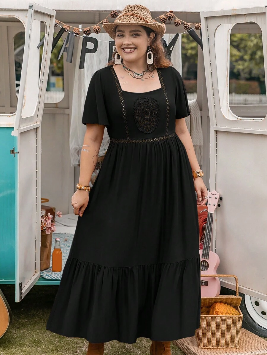 大碼蕾絲拼接荷葉邊連衣裙 - 黑色 - 查看 1