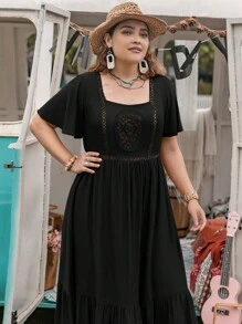 大碼蕾絲拼接荷葉邊連衣裙 - 黑色 - 查看 3