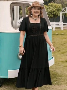 大碼蕾絲拼接荷葉邊連衣裙 - 黑色 - 查看 4