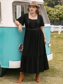 大碼蕾絲拼接荷葉邊連衣裙 - 黑色 - 查看 6