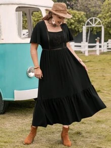 大碼蕾絲拼接荷葉邊連衣裙 - 黑色 - 查看 7