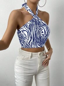 Chiquease 斑馬紋後背繫帶繞頸短上衣 - 藍白色 - 查看 3
