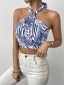 Chiquease 斑馬紋後背繫帶繞頸短上衣 - 藍白色 - 查看 6