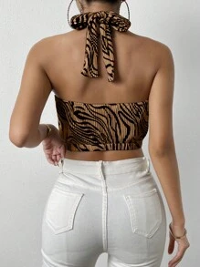 Chiquease In hoa văn ngựa vằn Ca-vát Backless Áo Crop Halter - Nhiều màu - Xem 2
