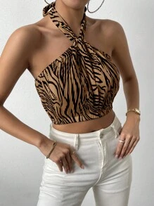 Chiquease In hoa văn ngựa vằn Ca-vát Backless Áo Crop Halter - Nhiều màu - Xem 3