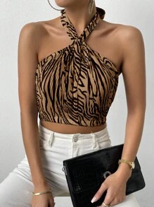 Chiquease In hoa văn ngựa vằn Ca-vát Backless Áo Crop Halter - Nhiều màu - Xem 4