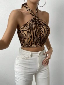 Chiquease In hoa văn ngựa vằn Ca-vát Backless Áo Crop Halter - Nhiều màu - Xem 5