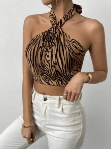 Chiquease In hoa văn ngựa vằn Ca-vát Backless Áo Crop Halter - Nhiều màu - Xem 6