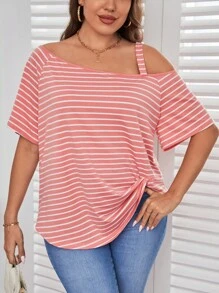 SHEIN Essnce 大碼條紋圖案不對稱領扭結下擺T恤 - 彩色 - 查看 1