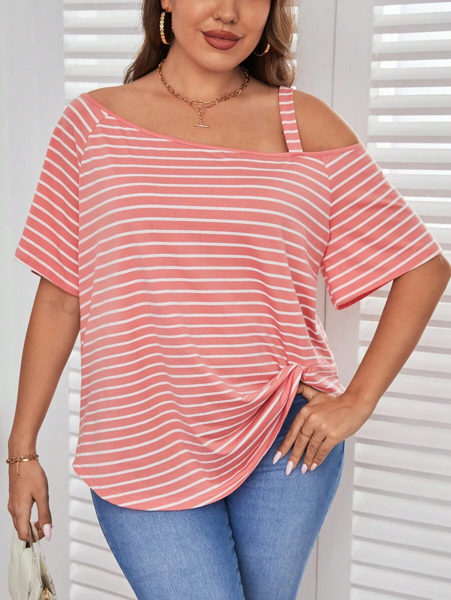 SHEIN Essnce 大碼條紋圖案不對稱領扭結下擺T恤 - 彩色 - 查看 1