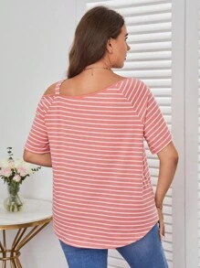 SHEIN Essnce 大碼條紋圖案不對稱領扭結下擺T恤 - 彩色 - 查看 2