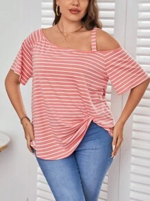 SHEIN Essnce 大碼條紋圖案不對稱領扭結下擺T恤 - 彩色 - 查看 3