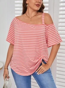 SHEIN Essnce 大碼條紋圖案不對稱領扭結下擺T恤 - 彩色 - 查看 4