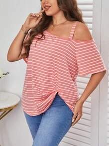 SHEIN Essnce 大碼條紋圖案不對稱領扭結下擺T恤 - 彩色 - 查看 5