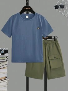 SHEIN Bộ hai mảnh Trai Nút Đắp vá Túi Lá thư Giải trí - Màu xanh bụi bặm - Xem 1