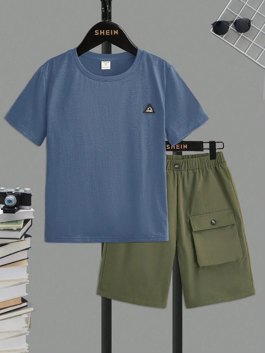 SHEIN Bộ hai mảnh Trai Nút Đắp vá Túi Lá thư Giải trí - Màu xanh bụi bặm - Xem 1