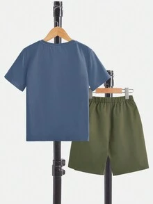 SHEIN Bộ hai mảnh Trai Nút Đắp vá Túi Lá thư Giải trí - Màu xanh bụi bặm - Xem 2