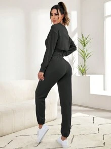 Chất rắn Áo & Siêu Crop Top & Dây thắt lưng Quần Bộ giản dị - Xám - Xem 2