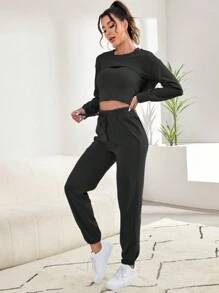 Chất rắn Áo & Siêu Crop Top & Dây thắt lưng Quần Bộ giản dị - Xám - Xem 3