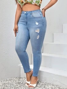 SHEIN Essnce Plus Ripped Skinny Jeans - Light Wash - View 1