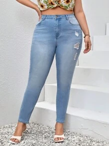 SHEIN Essnce Plus Ripped Skinny Jeans - Light Wash - View 5