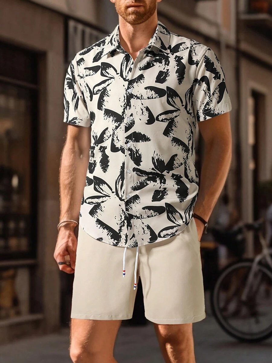 Genlund Men Random Print Shirt & Drawstring Waist Shorts - Khaki - View 1