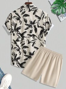 Genlund Men Random Print Shirt & Drawstring Waist Shorts - Khaki - View 2